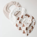 Mousseline Slabbetjes Set 3 Stuks - Verstelbare Baby Bandana Sjaals Teddyberen Beige