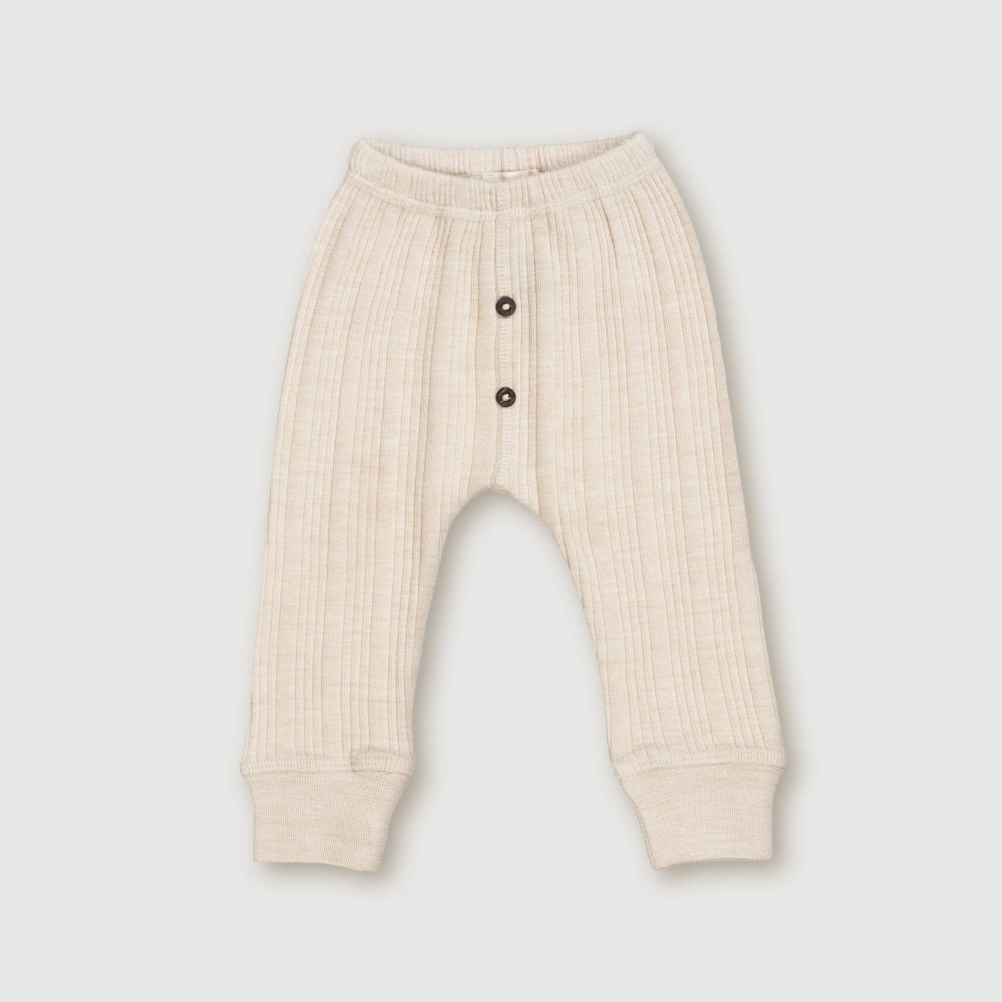 Zachte baby leggings van ribgebreide wol-bamboe in oat kleur voor 0-3 maanden Slim fit Finch & Fable