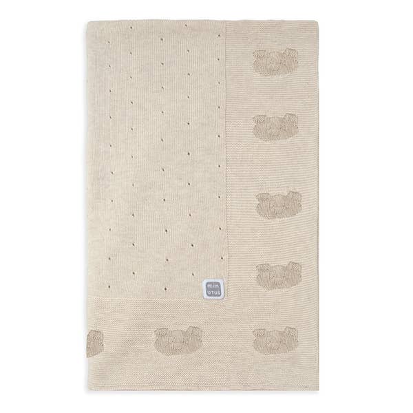 100% Katoenen Gebreide Babydeken - Beige met Beertjespatroon