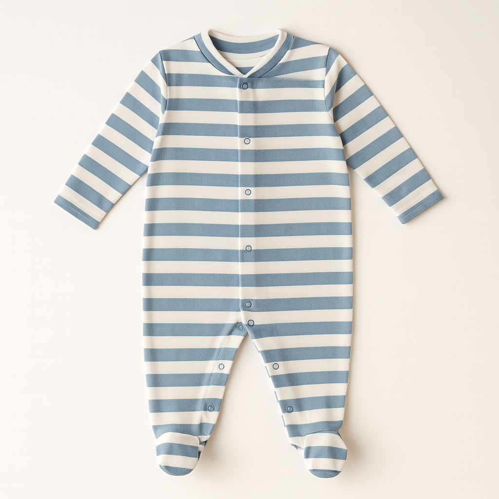 Gestreepte Lange Romper met Voet 100% Katoen Lichtblauw - 0-1 maanden Minutus