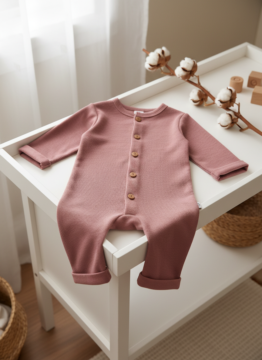 Lifestyle productfoto roze ribgebreide overall