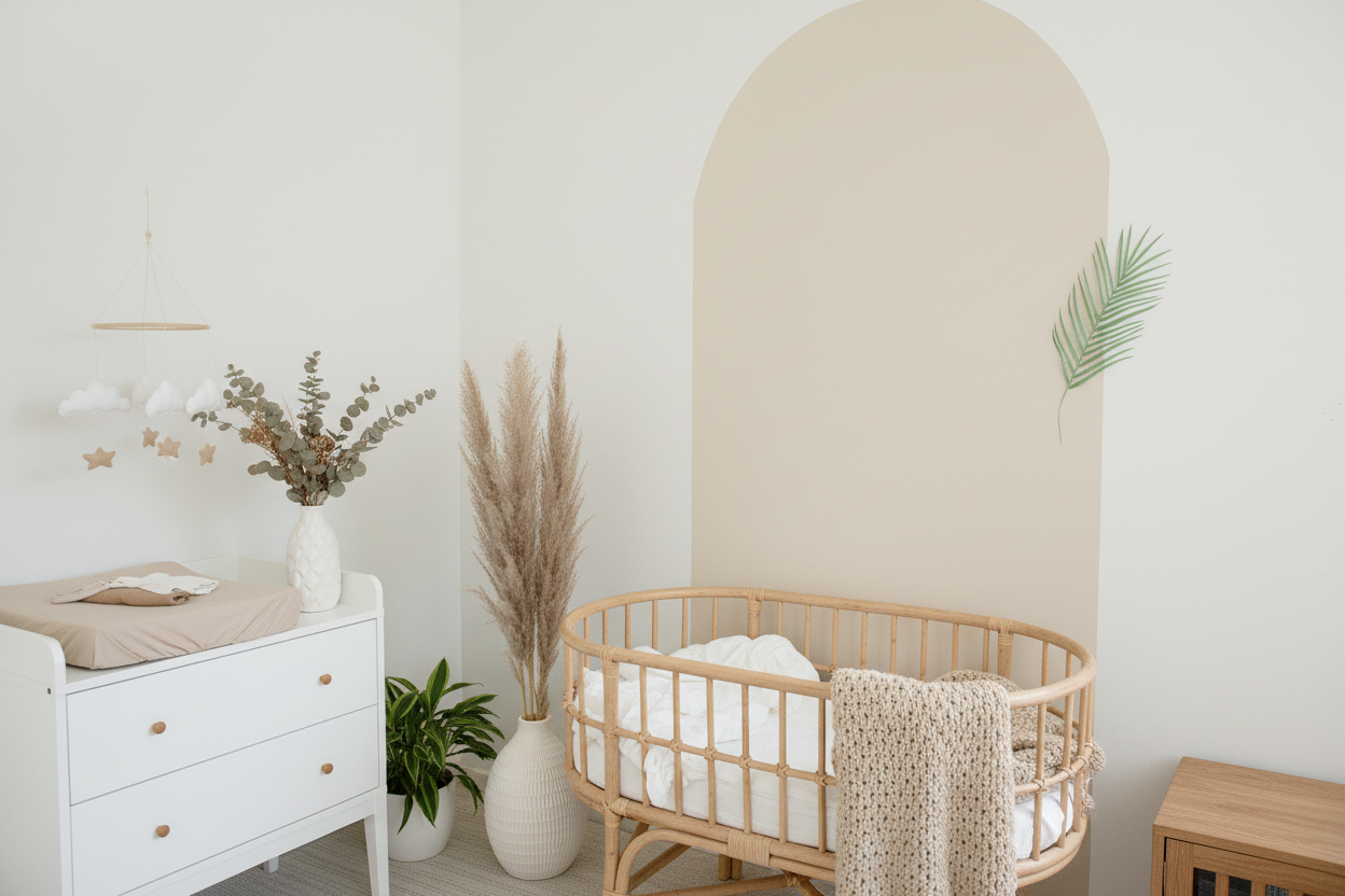 Minimale babykamer met rotan wiegje