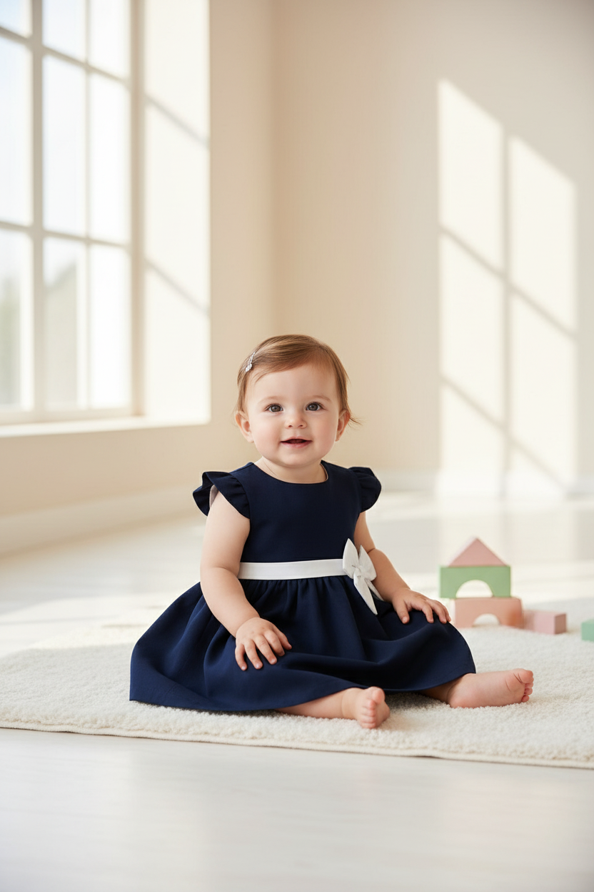 Mooi babymeisje in donkerblauwe jurk