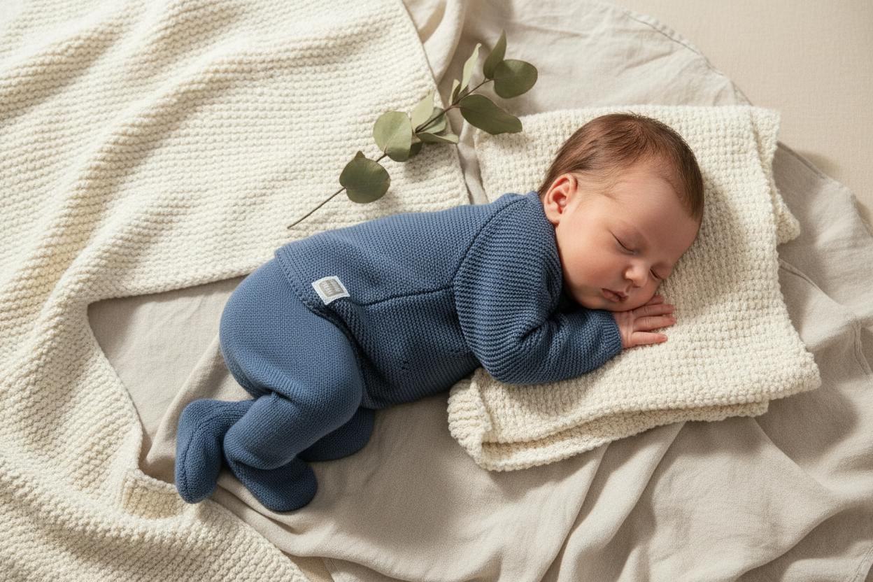 Newborn op zij in blauwe set